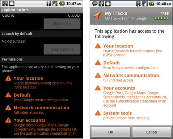 Android Permissions and Application Info